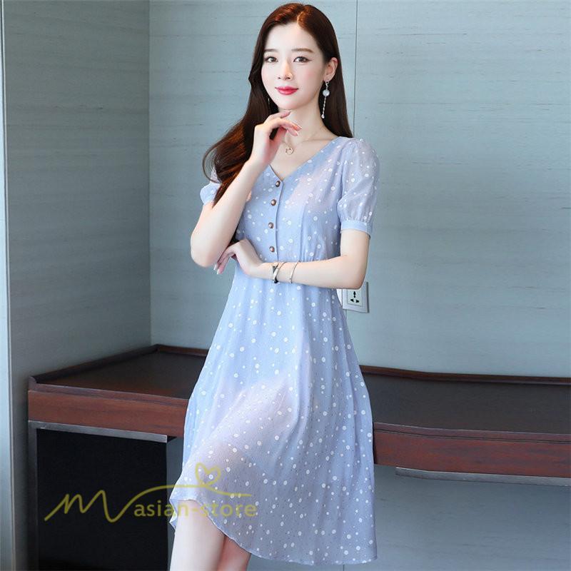 ミディアム | ワンピース レディース 着痩せ 半袖 Vネック カジュアル Aラインワンピース 大きいサイズ 上品 ドット柄 気質 春 新作 サマーワンピース 夏 おしゃれ