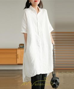 送料無料SALE | ワンピース 夏シャツ レディース 五分袖 シャツワンピース 綿麻 無地 プルオーバー 体型カバー ゆったり 大きめ 夏服 ポケット 30代40代 膝丈 おしゃれ 前後差