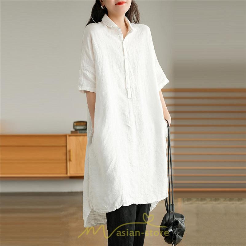 送料無料SALE | ワンピース 夏シャツ レディース 五分袖 シャツワンピース 綿麻 無地 プルオーバー 体型カバー ゆったり 大きめ 夏服 ポケット 30代40代 膝丈 おしゃれ 前後差