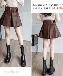 ミニスカート | プリーツレザースカート ベルト付き 秋冬