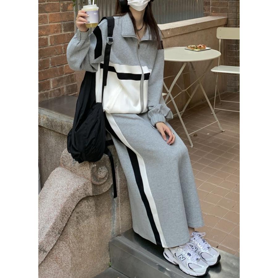 スカート | スウェット秋冬 レディース ドッキング ロングジャケット パーカー スウェット アウター 無地 ボトムズ 運動 ウエストゴム ジップアップ