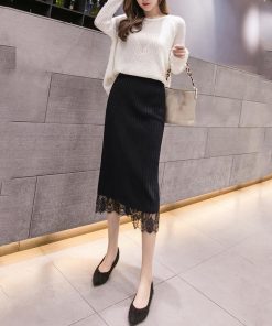 タイトスカート | ストレッチ ミモレ丈 リブ編み リブニットスカート 暖か スリット 裾レース ボトムス ウエストゴム スカート ロングスカート