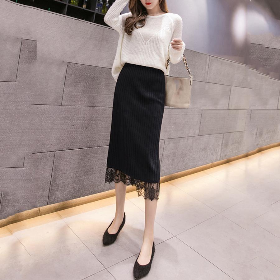 タイトスカート | ストレッチ ミモレ丈 リブ編み リブニットスカート 暖か スリット 裾レース ボトムス ウエストゴム スカート ロングスカート