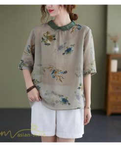 ｔシャツ・カットソー | Tシャツ Tシャツ プリント カジュアル 麻綿 リネン シャツ トップス サマーシャツ 襟付き カジュアル 大きいサイズ 夏コーデ 5分袖 麻綿 トレンド レディース
