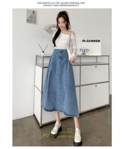 スカート | デニムフレアミモレ丈 ロングt丈 シンプル ゆったり レディース フレア 大人 秋冬 ハイウエスト 美脚 韓国ファッション 可愛い