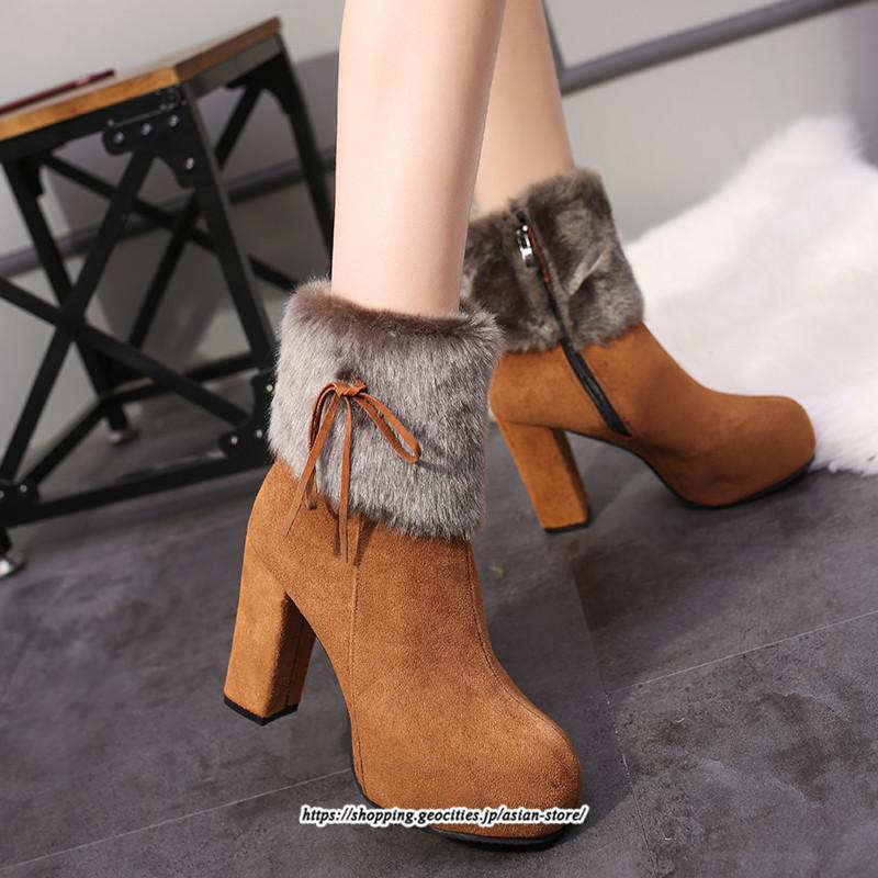 ブーツ | ショートレディース 10cmハイヒール ファー 冬用 保温防寒 太めヒール サイドジッパー あったか 痛くない オシャレ 冬靴 痛くない 歩きやすい