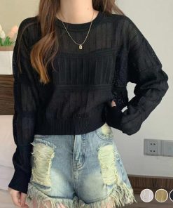 透かし編みトップス | 透かし編み 長袖ニットトップス 韓国風