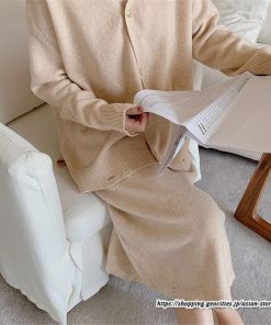 セットアップ | ニットレディース ニットカーディガン ニットスカート ウエストゴム 羽織りニット ダメージ加工 秋冬 長袖 ミモレ丈 無地