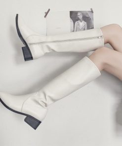 ニーハイブーツ | レディース スクエアトゥ レザー調 春秋冬 ロング丈 美脚 ローヒール 合皮 大人