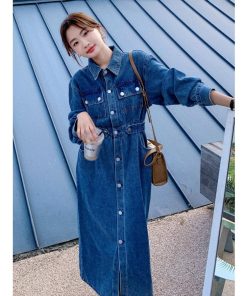 マキシ | デニムワンピース 秋 レディース ジャケット 羽織り ワンピース 長袖 腰着痩せ 女性美シルエット デニム 30代40代50代 ロング丈 オフィス 無地 秋コーデ