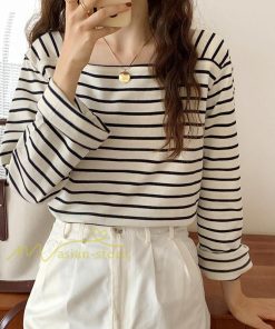 ｔシャツ・カットソー | 長袖 Tシャツ カットソー レディース シャツ 袖 ストライプ 韓国ファッション トップス 通勤通学 カジュアル 着回し 上品 夏物 ゆったり お出かけ 20代30代40代