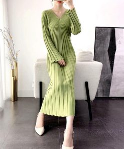 ワンピース | ニット秋冬 レディース ミモレワンピ きれいめ 膝丈下 Vネック フェミニン 長袖リブニット