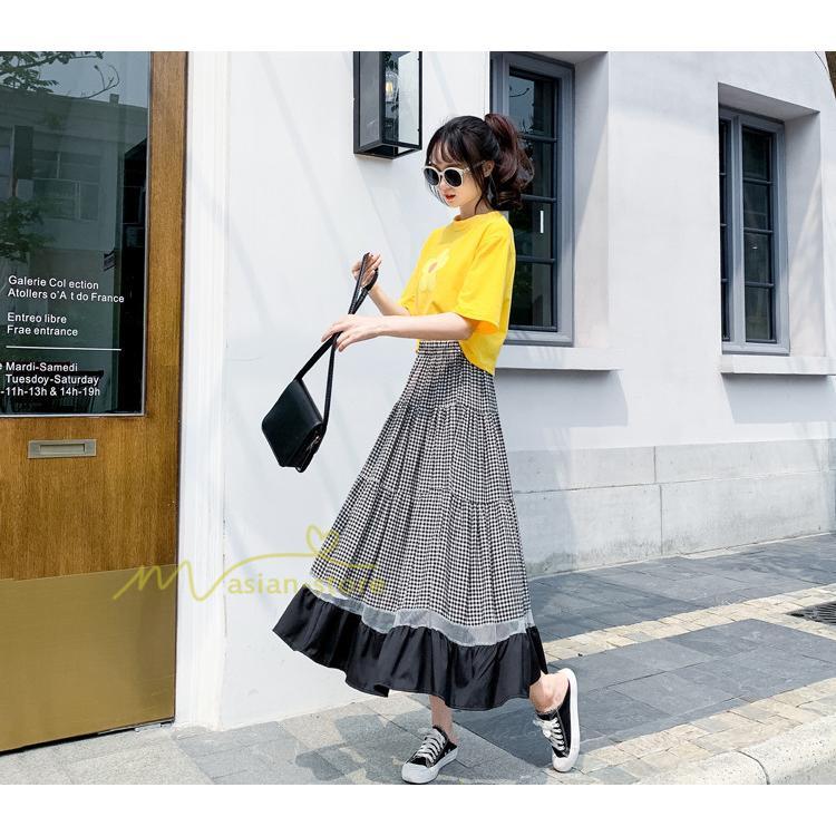 スカート | フレア ロング春物 レディース 春夏 チェック柄 ドッキング リゾート 体型カバー お出かけ 20代30代40代50代 着痩せ 通勤通学 カジュアル