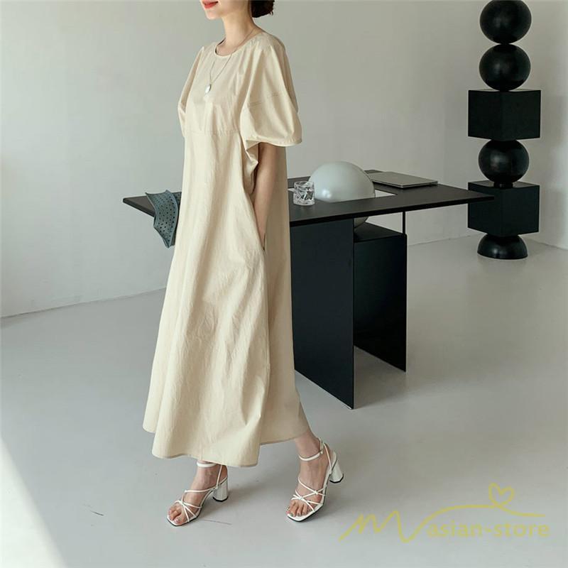 マキシ | ワンピース レディース パフスリーブロングワンピース ハーフスリーブ マキシワンピース ロング丈 半袖 マキシ丈 送料無料 韓国ファッション カジュアル