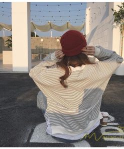 パーカー | フェイクレイヤード風トレーナー レディース ゆったりシルエット 切替 長袖 トップス フードなしボーダー ロングTシャツ サイドスリット入れ