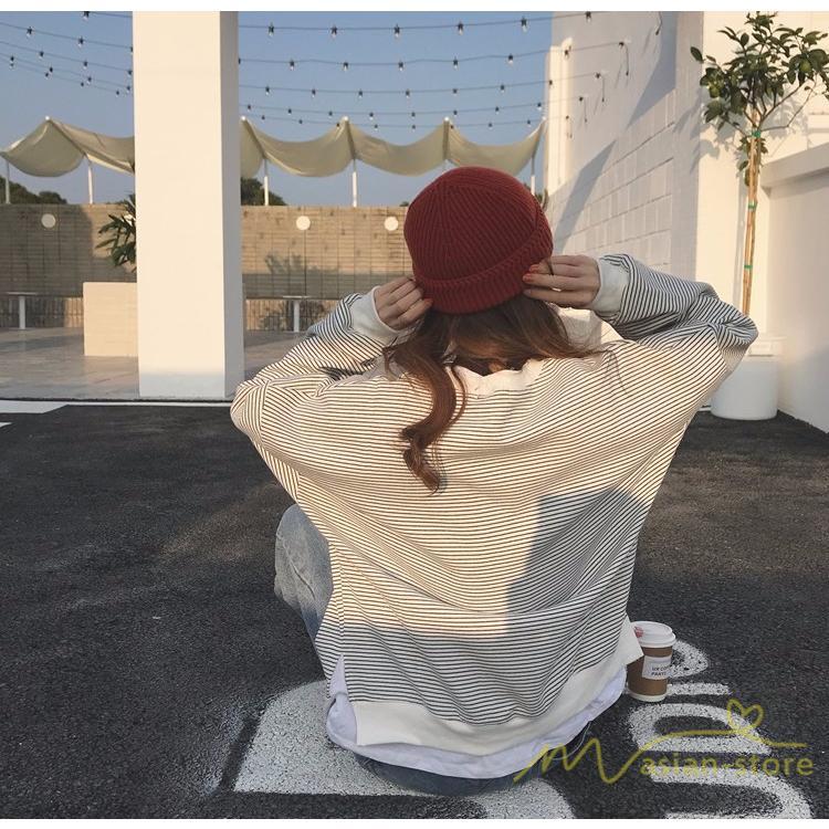 パーカー | フェイクレイヤード風トレーナー レディース ゆったりシルエット 切替 長袖 トップス フードなしボーダー ロングTシャツ サイドスリット入れ