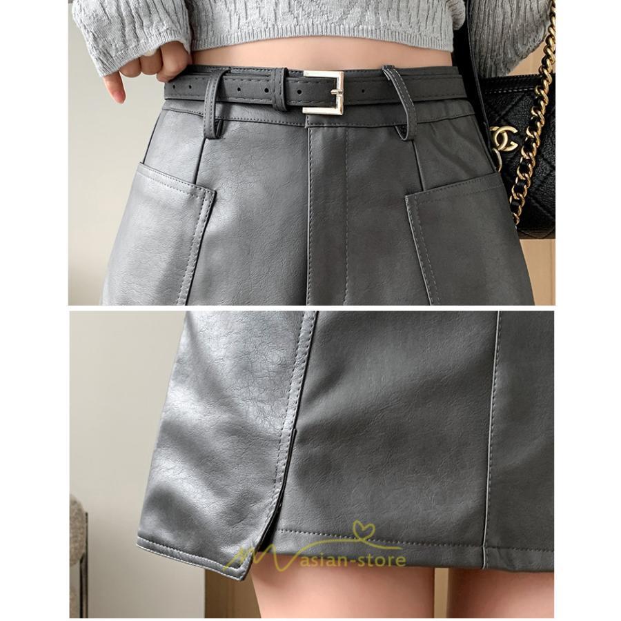 スカート | ミニ秋冬 レザー 無地 レディース 40代 Aライン 30代 20代 50代 着痩せ 通勤 オシャレ カジュアル オフィス OL 着痩せ ベルト付き