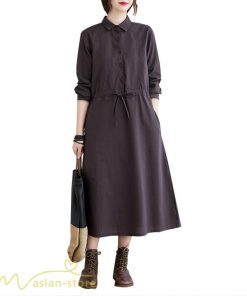 ワンピース | 長袖綿麻Aラインレディース ロングミモレ丈 無地 シャツカワイイ 大人 ワンピ