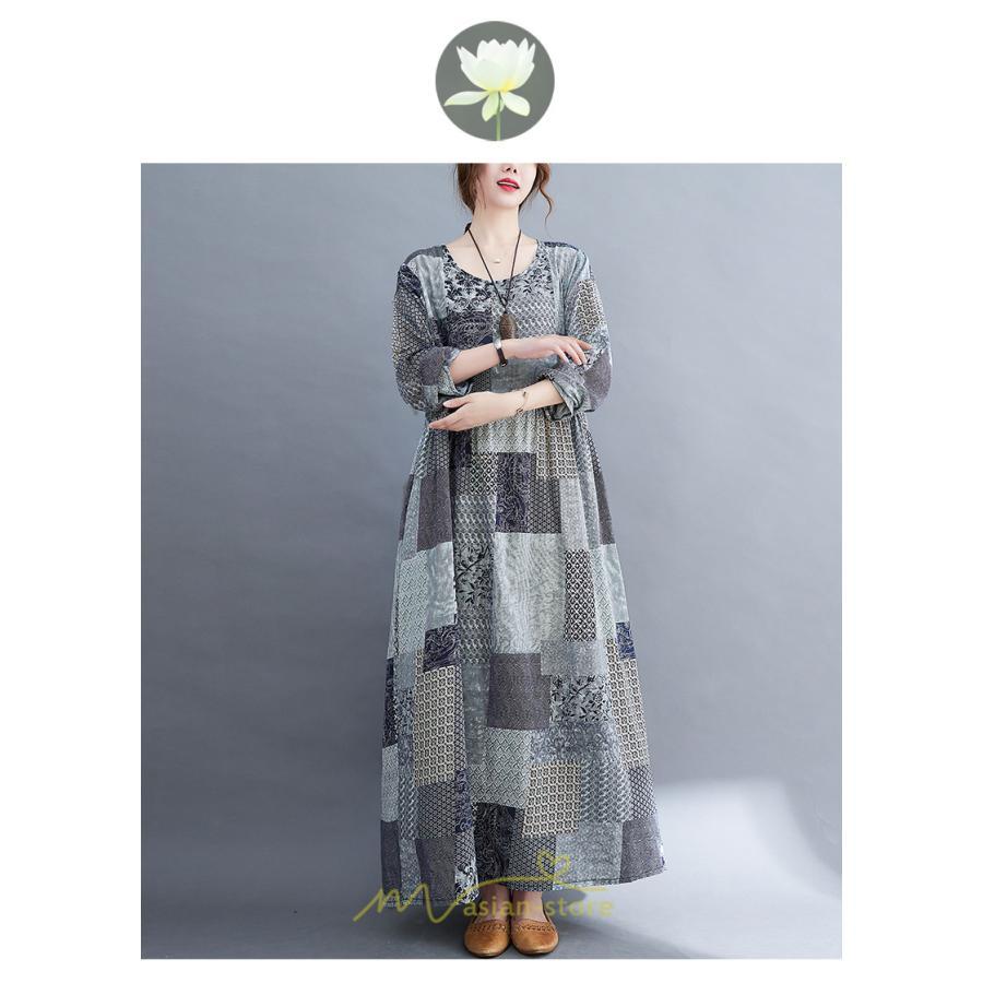 マキシ | 長袖ワンピース 秋物 レディース ロングワンピース チェック 夏 30代40代 大人 秋ワンピース 新作 ワンピース ゆったり 広い裾 Aラインワンピ 可愛い 旅行