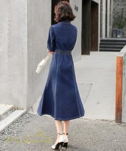 デニムワンピース | レディース デニム ワンピース マーメイド 長袖 秋 5分袖 カジュアル シャツワンピース カジュアル ロング丈 レトロ風 ポケット 着痩せ