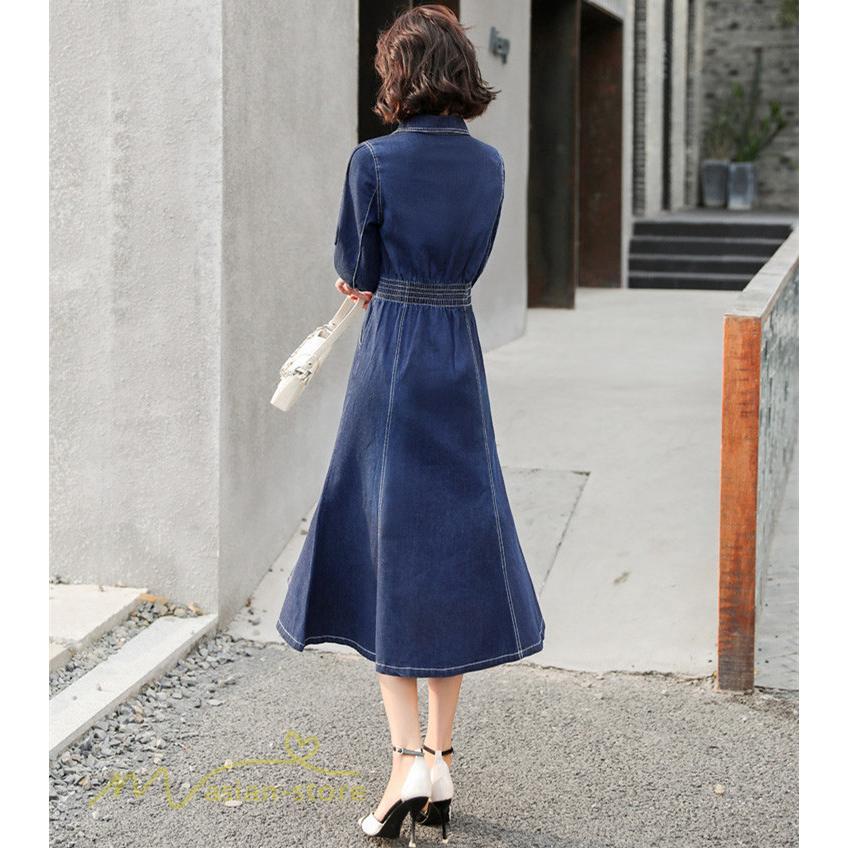 デニムワンピース | レディース デニム ワンピース マーメイド 長袖 秋 5分袖 カジュアル シャツワンピース カジュアル ロング丈 レトロ風 ポケット 着痩せ