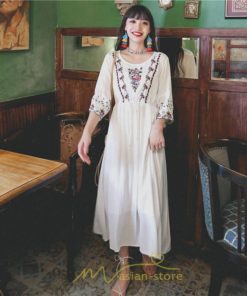 マキシ | ワンピース トップス ロング ロングワンピース 綿麻 夏秋 レディース 大人 おしゃれ シンプル ナチュラル カジュアル 刺繍 花柄 丸首 華やか 上品