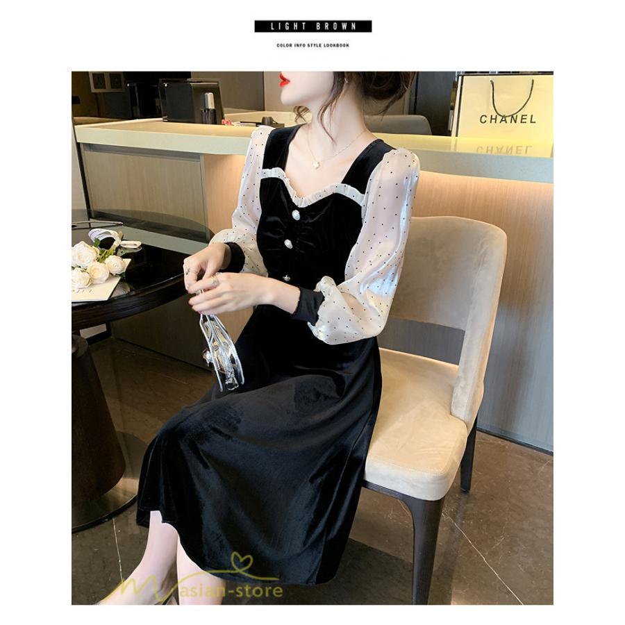 ミディアム | Aラインワンピース 秋コーデ レディース 長袖 切り替え ビロード 膝丈ワンピース 美ライン シルエット 無地 黒ワンピース オフィス フォーマル 大人 お呼ばれ