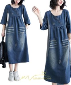 デニムワンピース | ワンピース レディース 夏 ロング丈 春 秋 七分袖 切り替え 大きいサイズ ゆったり 人気 体型カバー 20代30代40代 送料無料 着痩せ