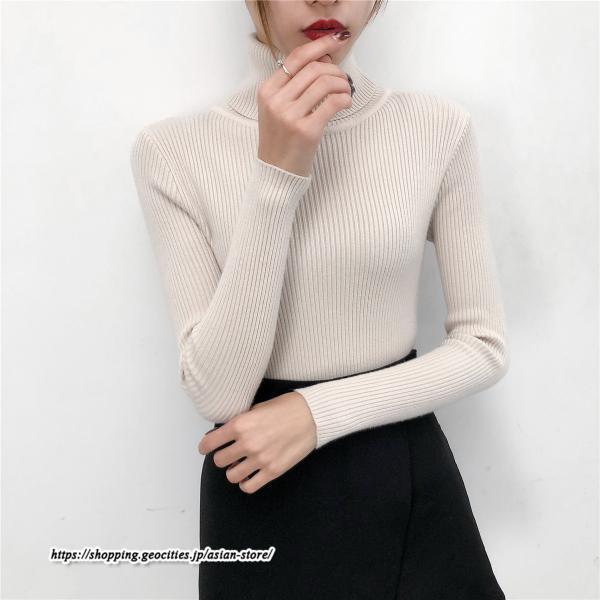 ニット・セーター | カットソー ニット レディース リブニット ハイネック 長袖 秋冬 春 トップス スリム ストレッチ 暖かい 長袖ニット 無地 プルオーバー インナー 長袖カットソー