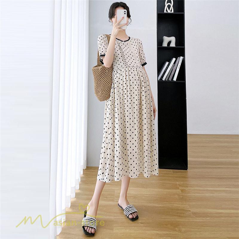 ワンピース | マタニティレディース 着痩せ ドット柄 Aライン半袖 ゆったり マタニティウェア 上品 産前 サマー おしゃれ お出かけ 妊婦服
