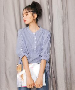 シャツ・ブラウス | 長袖シャツ レディース トップス ブラウス ストライプ 立てカラー 20代30代40代 五分袖に変える 可愛い ポケット