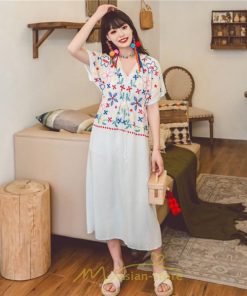 マキシ | ワンピース レディース リゾートワンピ かわいい 半袖 Ｖネック 刺繍 上品 Aライン ロング丈 ロング丈ワンピ エスニック風 結婚式 ファッション 二次会 卒業式