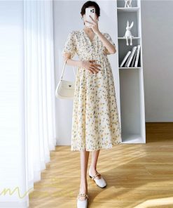 ワンピース | マタニティレディース 着痩せ 小花柄 Vネック マタニティ Aライン 夏新作 ひざ丈 韓国風 半袖 カジュアル 妊婦服 マタニティウェア