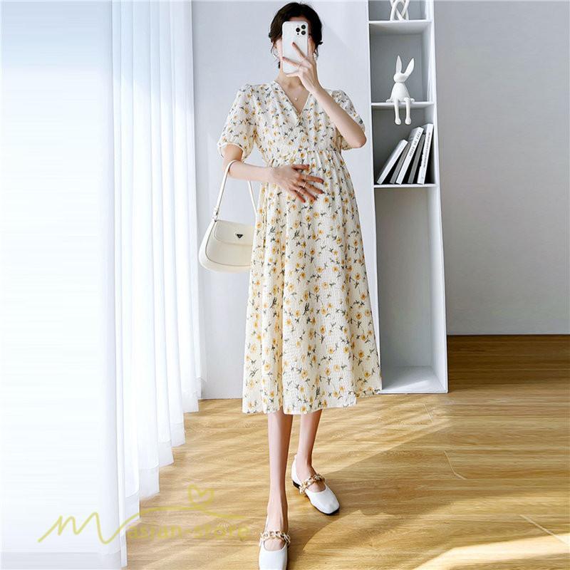 ワンピース | マタニティレディース 着痩せ 小花柄 Vネック マタニティ Aライン 夏新作 ひざ丈 韓国風 半袖 カジュアル 妊婦服 マタニティウェア