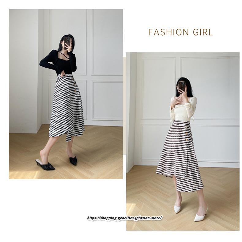 スカート | ロングきれいめ レディース ロング丈 Aライン 20代 30代 40代 50代 秋 冬 千鳥格柄 細見え 可愛い ハイウエスト お出かけ 高見え