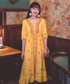 マキシ | ワンピース レディース コットン リゾート かわいい 五分袖 Ｖネック 花柄 上品 ロング丈 ファッション エスニック風 体型カバー お呼ばれ 二次会 民族風 披露宴