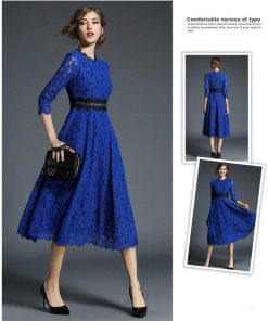 レースワンピース | ミモレフレアパーティードレス 結婚式二次会上品発表会入園式 袖あり七分袖 総レース 裏地あり エレガント シルエット フォーマル