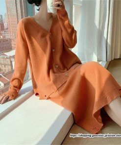 セットアップ | ニットレディース ニットカーディガン ニットスカート ウエストゴム 羽織りニット ダメージ加工 秋冬 長袖 ミモレ丈 無地