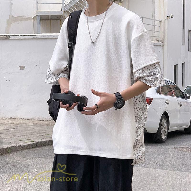 Tシャツ | メンズ 半袖 シンプル 半袖tシャツ クルーネック カジュアル 重ね着風 切り替え カッコウイイ 夏新作 カットソー ゆったり 20代 40代 体型カバー 30代