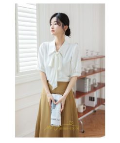 シャツ・ブラウス | シフォンブラウス 半袖 レディース シフォン ブラウス 白 青 フォーマル 開襟 服 バブルスリーブ 蝶結び 着痩せ 春 韓国風 通勤 おしゃれ 女性 上品 夏