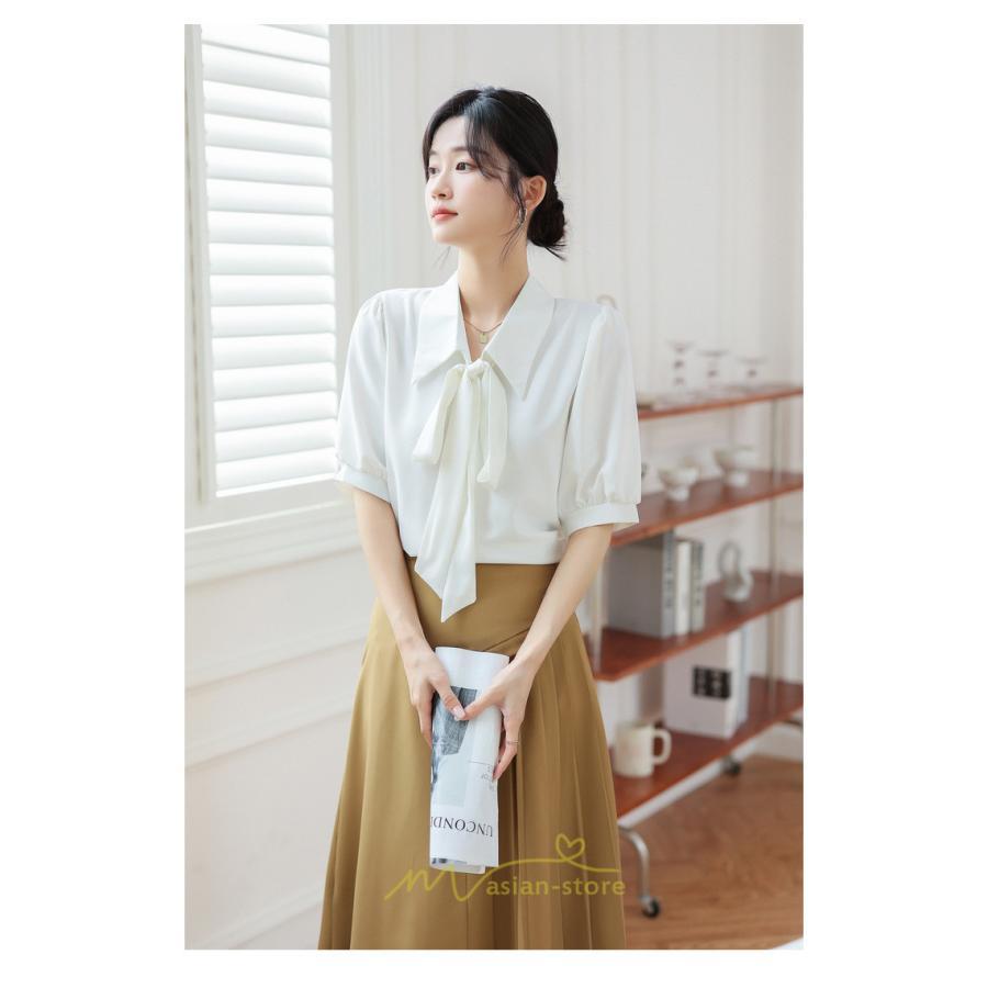 シャツ・ブラウス | シフォンブラウス 半袖 レディース シフォン ブラウス 白 青 フォーマル 開襟 服 バブルスリーブ 蝶結び 着痩せ 春 韓国風 通勤 おしゃれ 女性 上品 夏