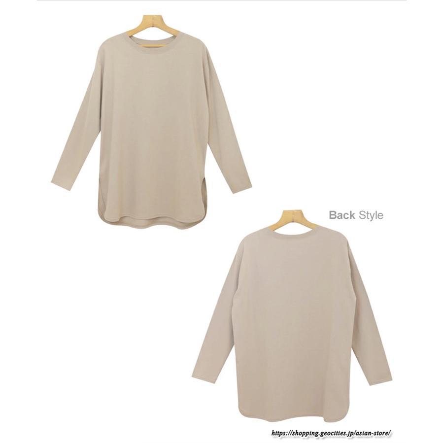 tシャツ・カットソー | Tシャツ Tシャツ コットン長袖オーバーサイズ裾ラウンドTシャツ レディース 綿Tシャツ 長袖Tシャツ クルーネック 秋物 ミドル丈 無地 丸首 長袖