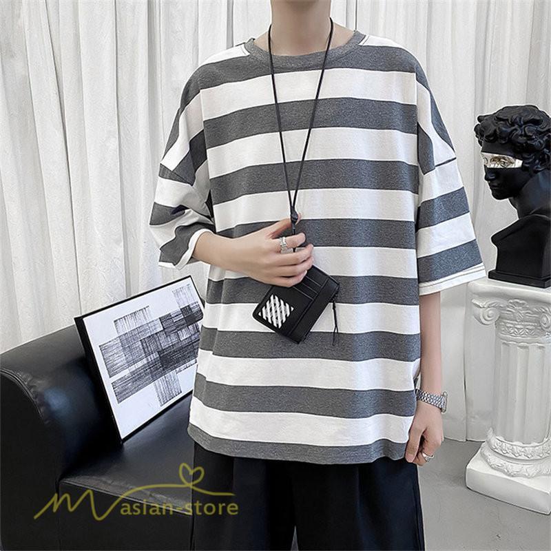 Tシャツ | カットソー 半袖トップス メンズボーダー カジュアル クルーネック ゆったり 夏新作 夏服 シンプル おしゃれ 大きいサイズ 5分袖