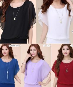 シャツ・ブラウス | レディース シフォンブラウス 半袖 無地 ラウンドネック ドルマンスリーブ トップス