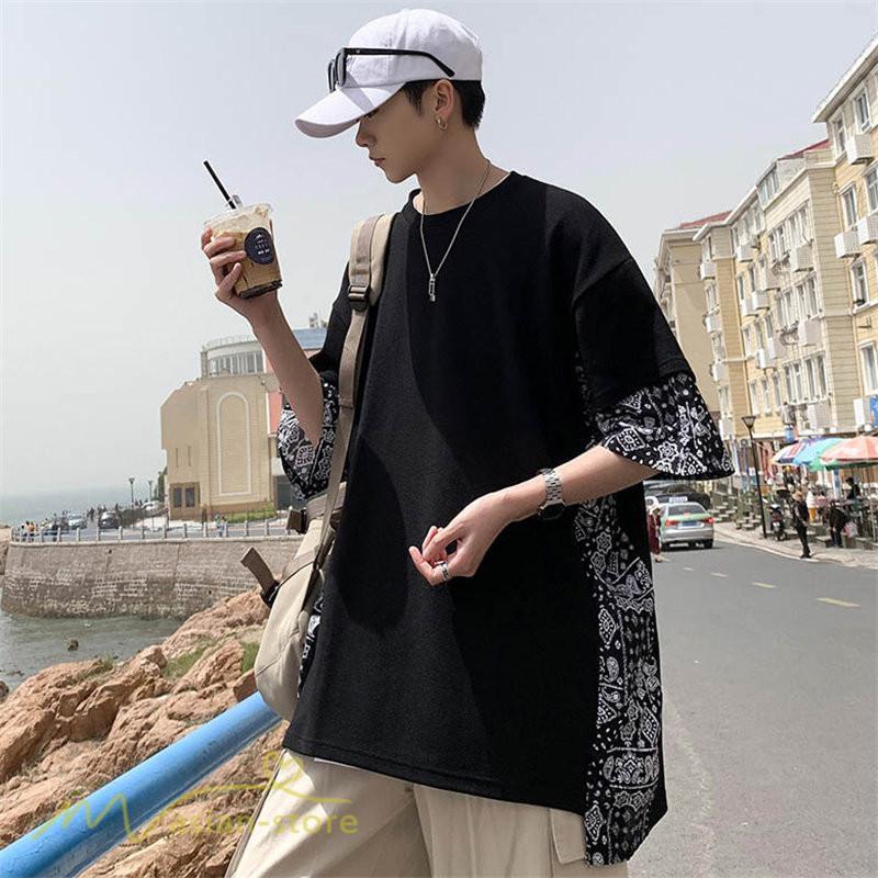 Tシャツ | メンズ 半袖 シンプル 半袖tシャツ クルーネック カジュアル 重ね着風 切り替え カッコウイイ 夏新作 カットソー ゆったり 20代 40代 体型カバー 30代