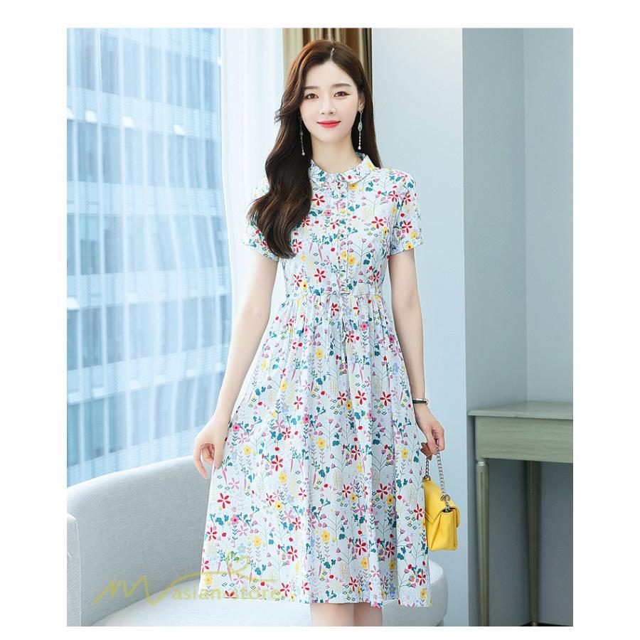 ミディアム | ワンピース レディース 花柄 サマーワンピース 半袖 シャツワンピース 夏 30代 40代 きれいめ プリント おしゃれ 膝丈 ミディアムワンピース 大きいサイズ
