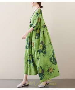 マキシ | ワンピース レディース 大きいサイズ 半袖 ロング丈 マキシ丈 クルーネック コットン 花柄 緑 夏 体型カバー 広がる裾 着痩せ 美シルエット ゆったり ポケット