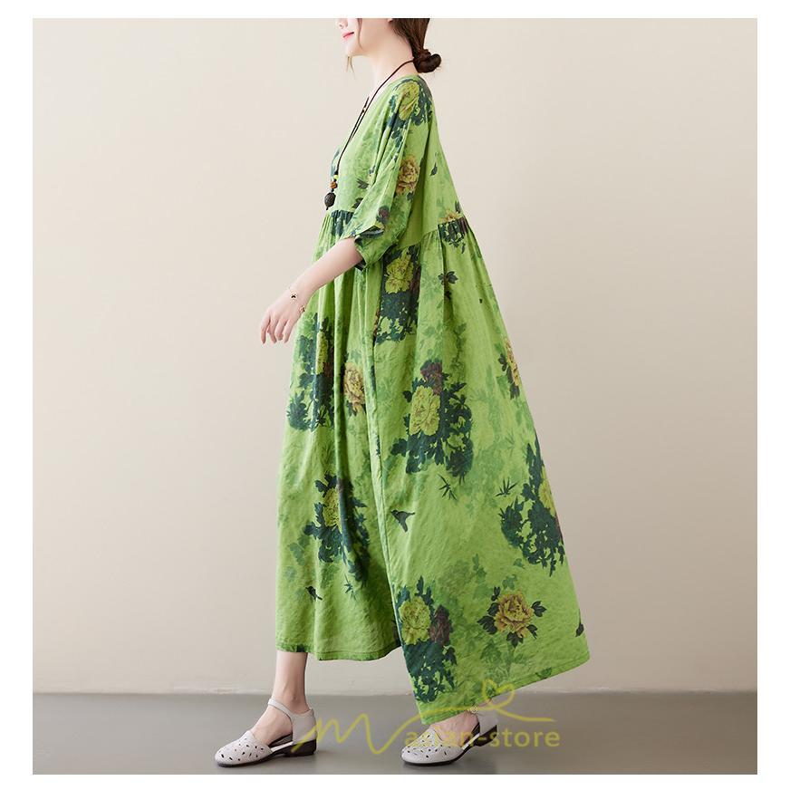 マキシ | ワンピース レディース 大きいサイズ 半袖 ロング丈 マキシ丈 クルーネック コットン 花柄 緑 夏 体型カバー 広がる裾 着痩せ 美シルエット ゆったり ポケット