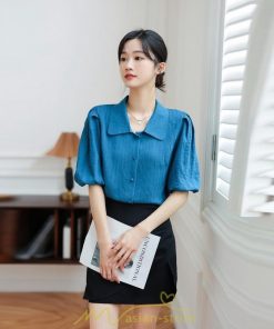 シャツ・ブラウス | ブラウス レディース オフィス シャツ 青 フォーマル 半袖 おしゃれ カジュアル フェミニン 開襟 着痩せ フランス風 お仕事 クラシック ビジネス 通勤 OL