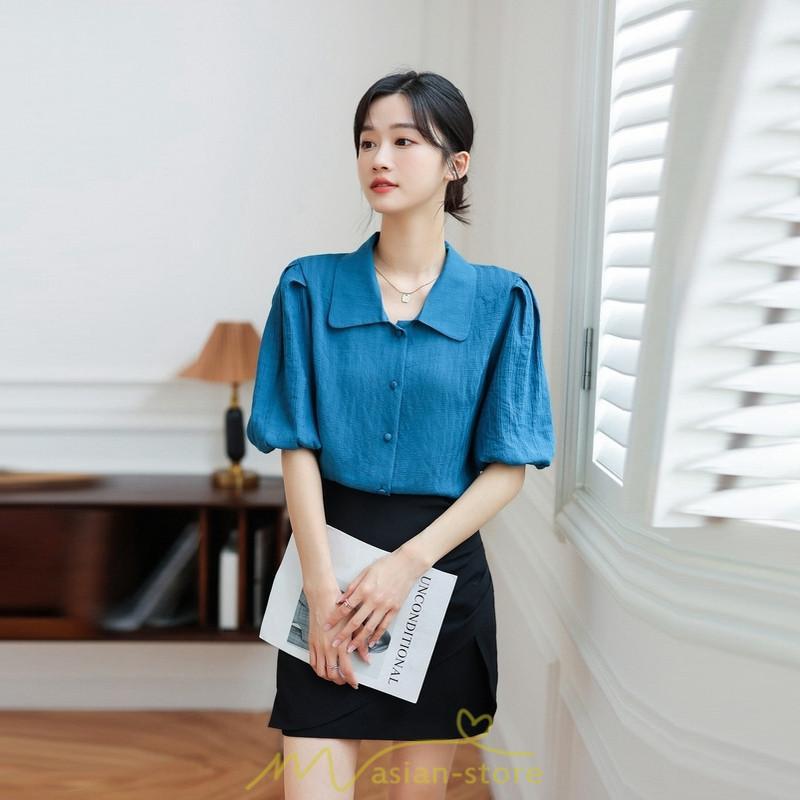 シャツ・ブラウス | ブラウス レディース オフィス シャツ 青 フォーマル 半袖 おしゃれ カジュアル フェミニン 開襟 着痩せ フランス風 お仕事 クラシック ビジネス 通勤 OL